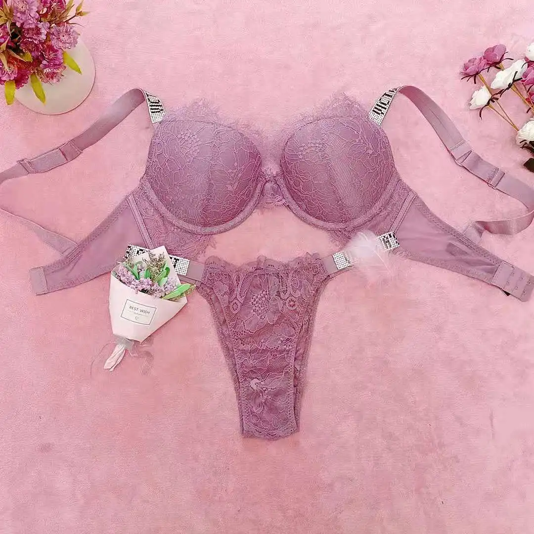 

Sexy Lace Letter Rhinestone LOGO Bikini Thong Push Up Bra Panty 2 Piece Adjustable Underwear Set Beach Party Birthday Essentials