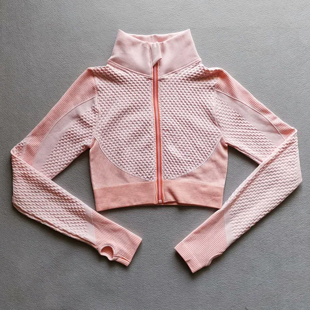 Seamless Long Sleeve Yoga Tops Women Sports Top Fitness Gym Zipper Workout Shirt Crop Tops With Thumb Hole Running Sports Wear - Цвет: Pink