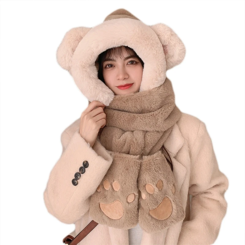 

Cartoon Color Matching Animal Plush Hat with Attached Scarf and Mittens Combo Warm Three Piece Set for Adults Kids