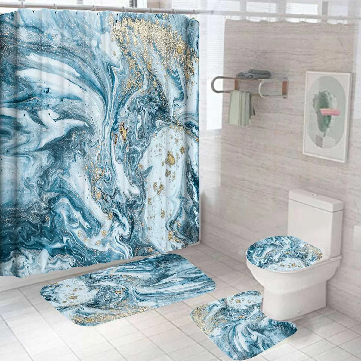 

Bathroom Set Lotus Flower Reflection On Water Waterproof Shower Curtain Toilet Cover Mat Non Slip Rug