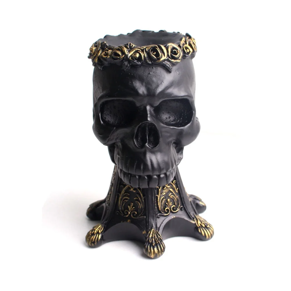 

1PC Black Carved Resin Head Skull with Rose Pedestal Base Ball Sphere Eggs Holder Sculpture Gift Home Decoration Collectibles