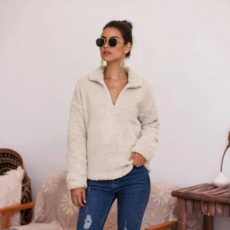 Женские теплые однотонные топы с длинными рукавами на молнии флисовая толстовка