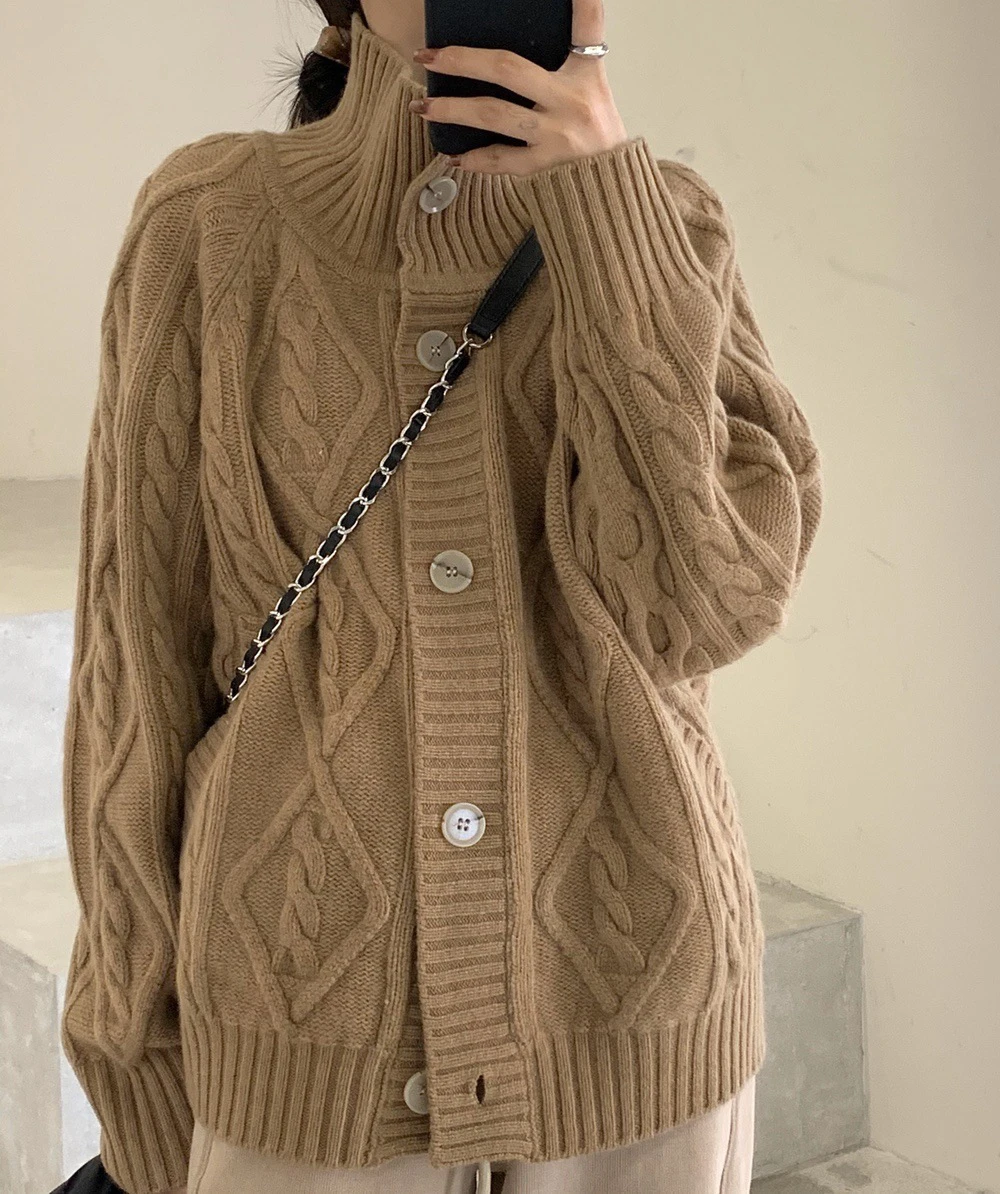 

FAKUNTN knitting sweater Autumn and winter coat women's new stand-up collar loose twist knitted cardigan sweater outer jacket