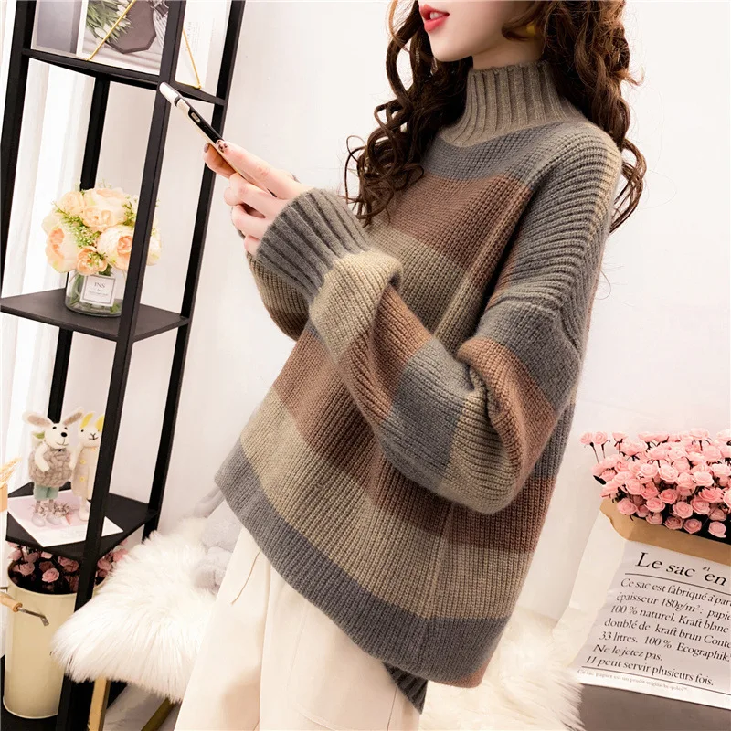 

Women sweaters Pullover Turtleneck 2020 fashion striped sweater long turtleneck sweater loose pullovers winters Woman clothing