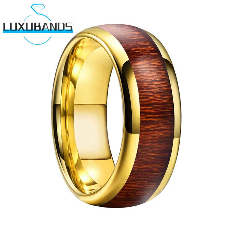 

Gold 8MM Tungsten Wedding Rings For Men Women Engagement Domed Bands Wood Inlay Polished Finished Comfort Fit