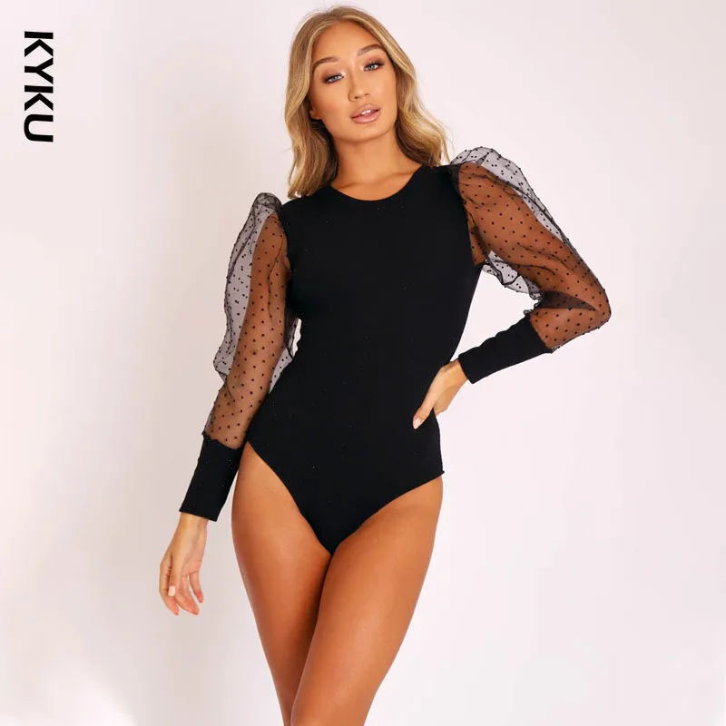 

New 2020 Summer Bodysuit Women Sexy Bow Black Mock Neck Patchwork Long Sleeve Back Ladies Lace Mesh Bodysuit Transparent Tops