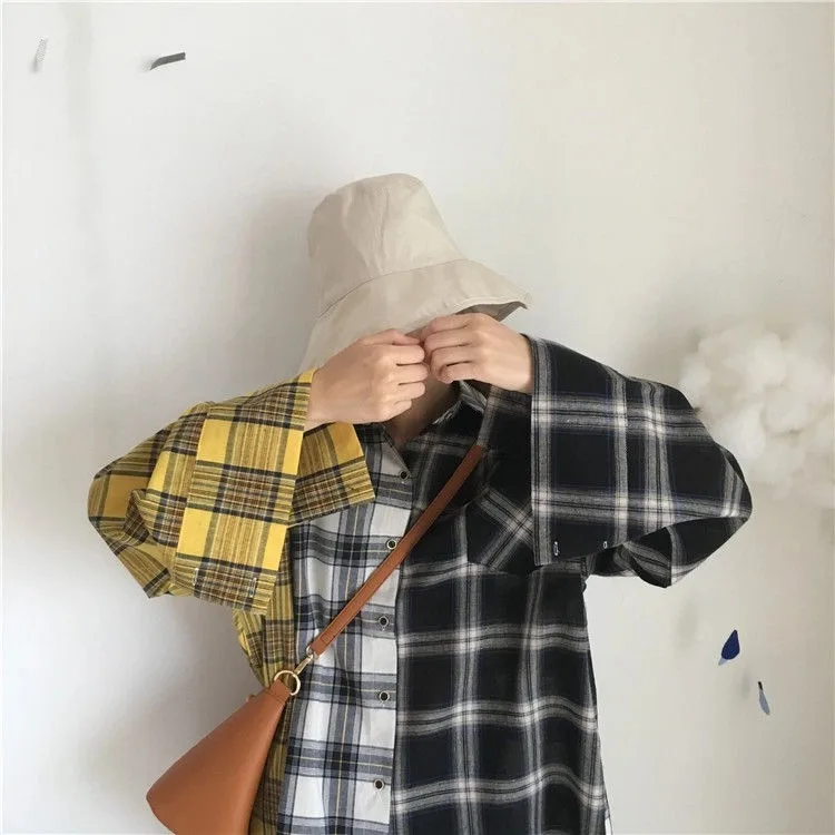 

Contrast Plaid Oversized Shirt Wide Long Sleeve Button-Up Collared Boyfriend Style Tops Harajuku Women e-girl Casual Streetwear