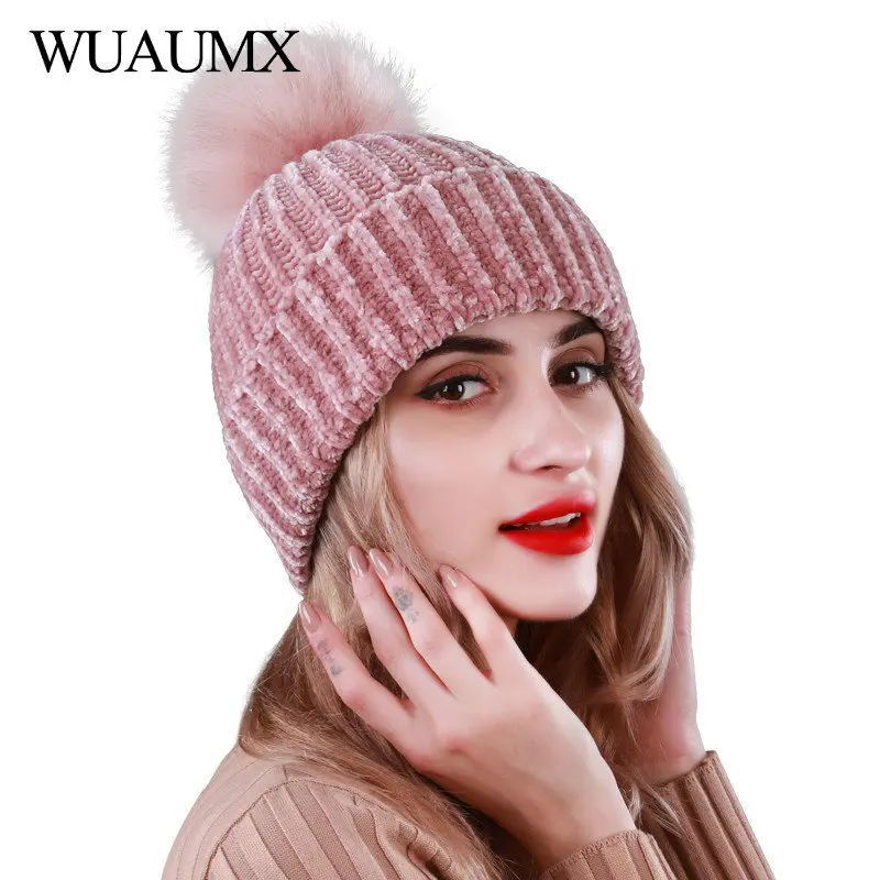 Wuaumx, брендовые вязаные зимние шапки для женщин, меховая шапка с помпоном, одноцветная, зеленая, черная, розовая, повседневная женская шапка Skullies Beanies