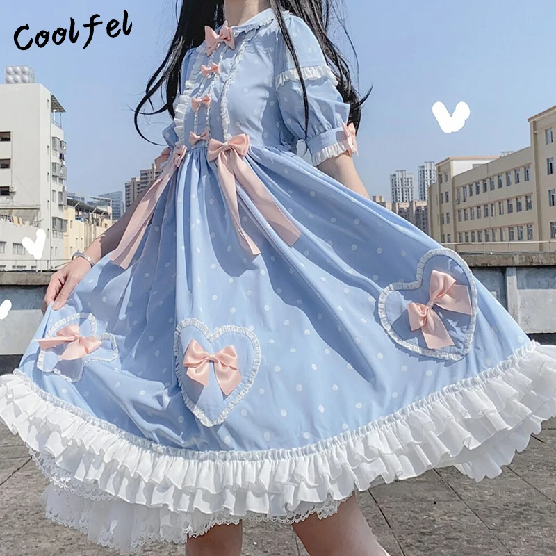 

COOLFEL Japanese Summer Kawaii Lolita Dress Peter Pan Collar Ruffles Bow Princess Costume Lolita Dress For Girls