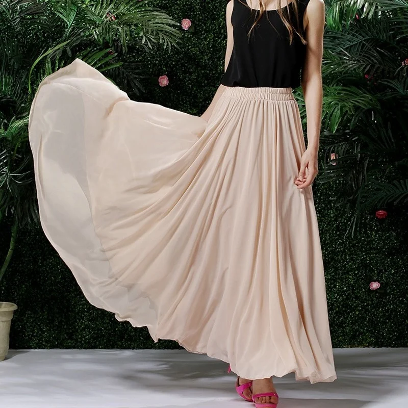 

3 Layer Chiffon Long Skirts For Women Elegant Casual High Waist Boho Style Beach Maxi Skirts Saias 80/90/100cm 2021 Spring SK273