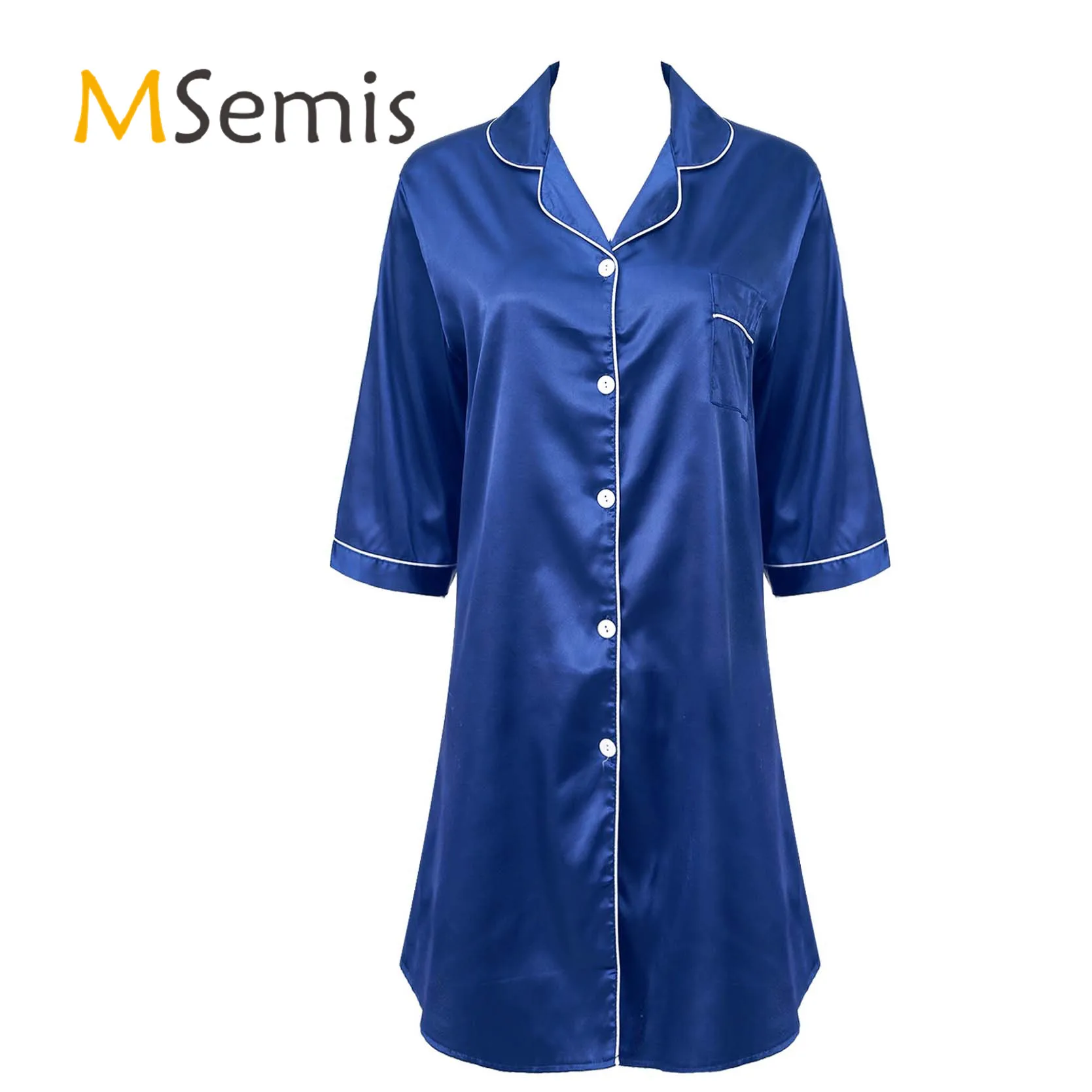 

Womens Button Down Nightdress Spring Autumn Sleepshirts 3/4 Sleeve Notched Lapel Nightgown Homewear Satin Shirtdress Nightwear