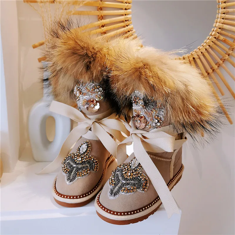 

Женские сапоги до середины икры из натурального Лисьего меха, теплые зимние сапоги с бантиком и кристаллами, плоская Толстая обувь, Новинка