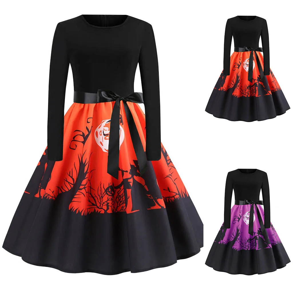 2019 Весна Осень Новые женские винтажные с длинным рукавом Хэллоуин 50s платье