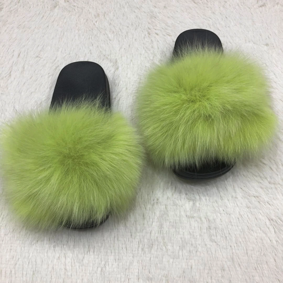 light green Instagram Online Cilibrity/Женская обувь; меховые шлепанцы; модные женские шлепанцы с натуральным лисьим мехом; летние сандалии с мехом енота для путешествий - Цвет: light green