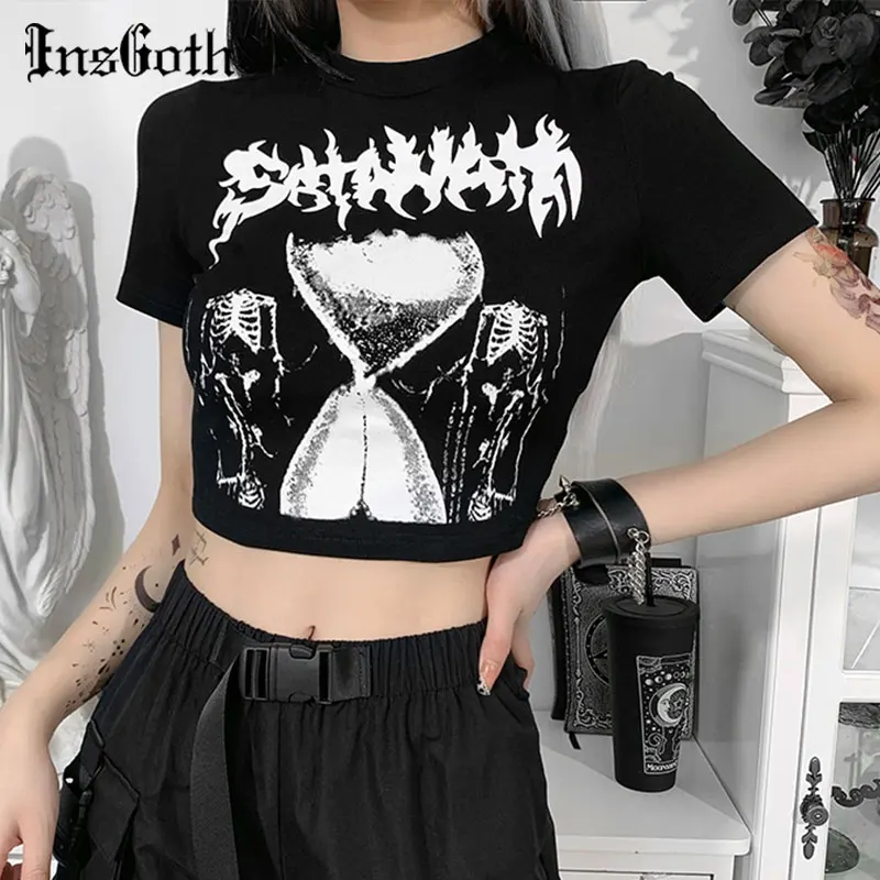 

InsGoth Grunge Skeleton Print Black Cropped Tops Goth Harajuku O Neck Short Sleeve T-shirt Streetwear Punk Summer Basic T Shirts