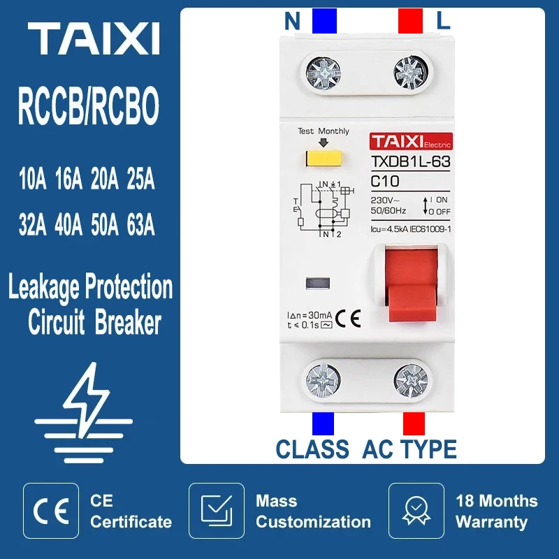 

TAIXI Residual Current Circuit Breaker 40A MCB RCCB RCBO 1P+N 10A 16A 20A 50A 63A Leakage Current Protection Home Appliance