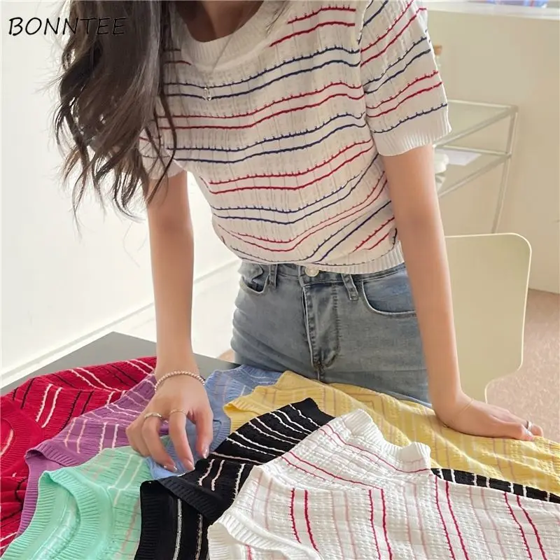

Short Sleeve T-shirts Women Striped Retro Design Crop Top Knitted All-match Harajuku Female Daily Popular Soft Casual Chic Ins