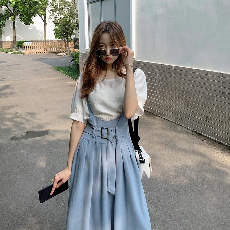 COIGARSAM свободное женское платье летние платья белые синие подтяжки черные B1293 |