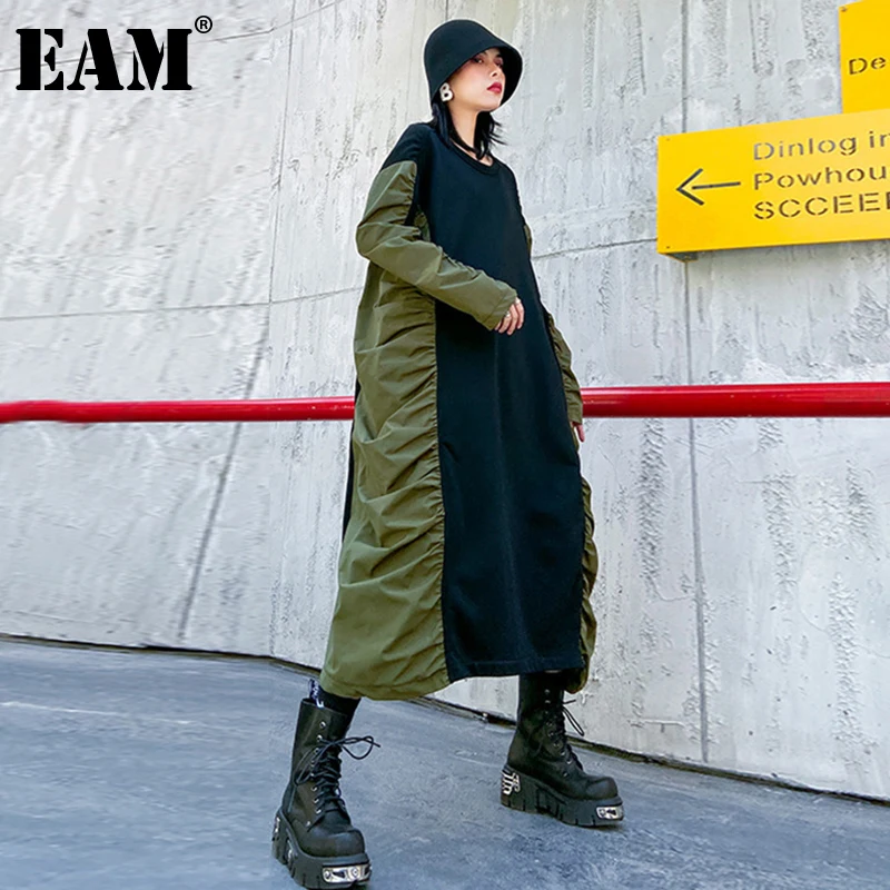 

Женское длинное платье EAM, зеленое плиссированное платье большого размера с круглым вырезом и длинным рукавом, весна-осень 2021, 1DE4523