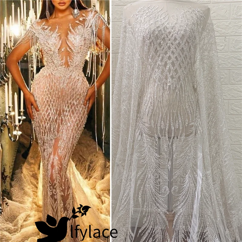 

LFY Latest Sliver Pure White Heavy Bead Embroidery Tulle Bridal Wedding Gown Dress Nigerian African French Lace Fabric