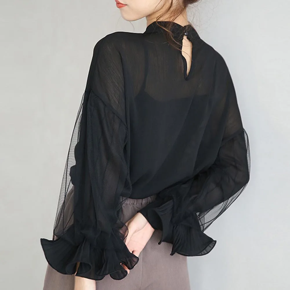 

Blouse Petal Sleeve Mesh Plain Ladies Fashion Simple Long-sleeve Shirt 2021 Women Lantern Sleeve Blouse Casual Pullover Shirts