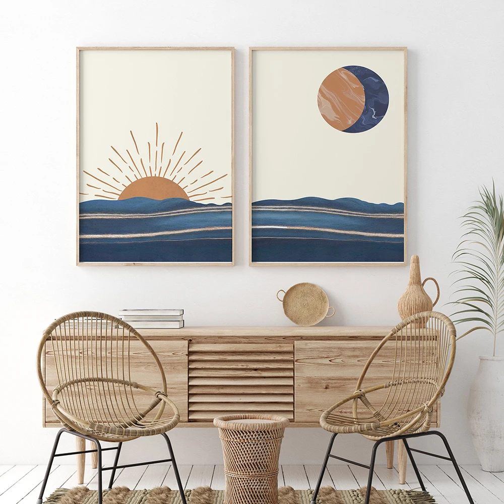 Абстрактный пейзаж живопись солнце и луна холст принты Постер в стиле бохо