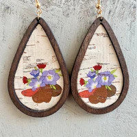 drop shaped simple european and american earrings cowboy southwestern pattern soft cracked sun flower wooden frame earrings