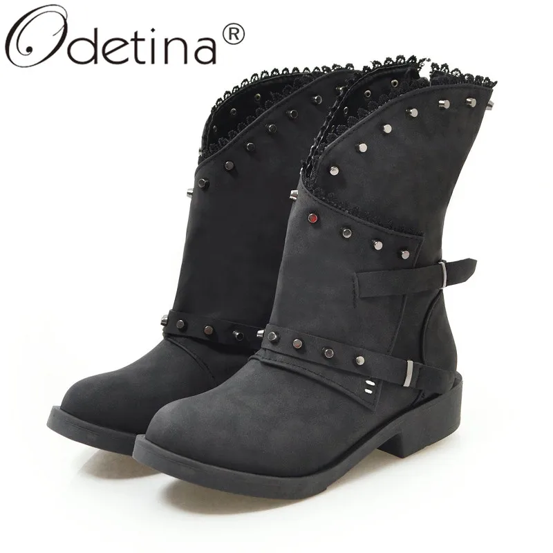 Odetina New Women Chunky Low Heel Platform Zip Buckle Strap Ankle Boots Studded Rivet Comfort Winter Round Toe Big Size 43 | Обувь