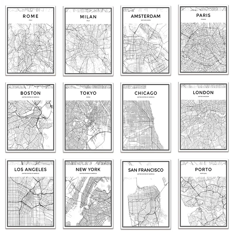 

World City Map New York Tokyo Paris London Wall Art Black And White Posters Prints Canvas Painting Picture For Living Room Decor