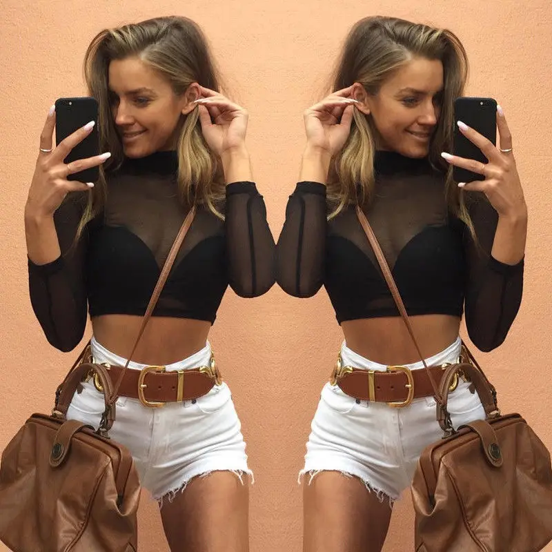 

Sexy Women Sheer Mesh Long Sleeve Shirt See Through Crop Top Party Blouse Clubwear Black
