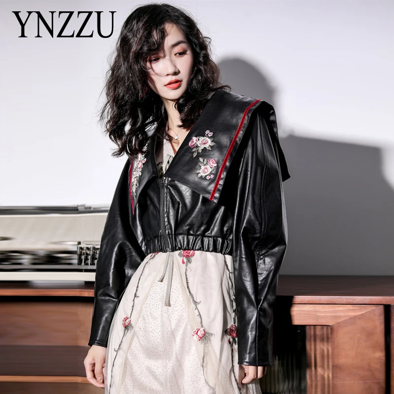 Fashion Women Floral Embroidered Soft Leather Jacket 2020 Spring Autumn Big collar Faux PU Coats Chic Black YNZZU 9O173 | Женская одежда