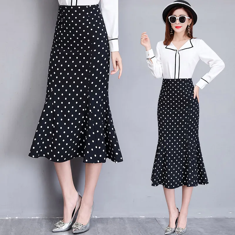 2019 High Waist Polka Dot Print Women Skirts FemininoThree Quarter Elegant Streetwear Femme Chiffon Long Skirt womens Clothing | Женская