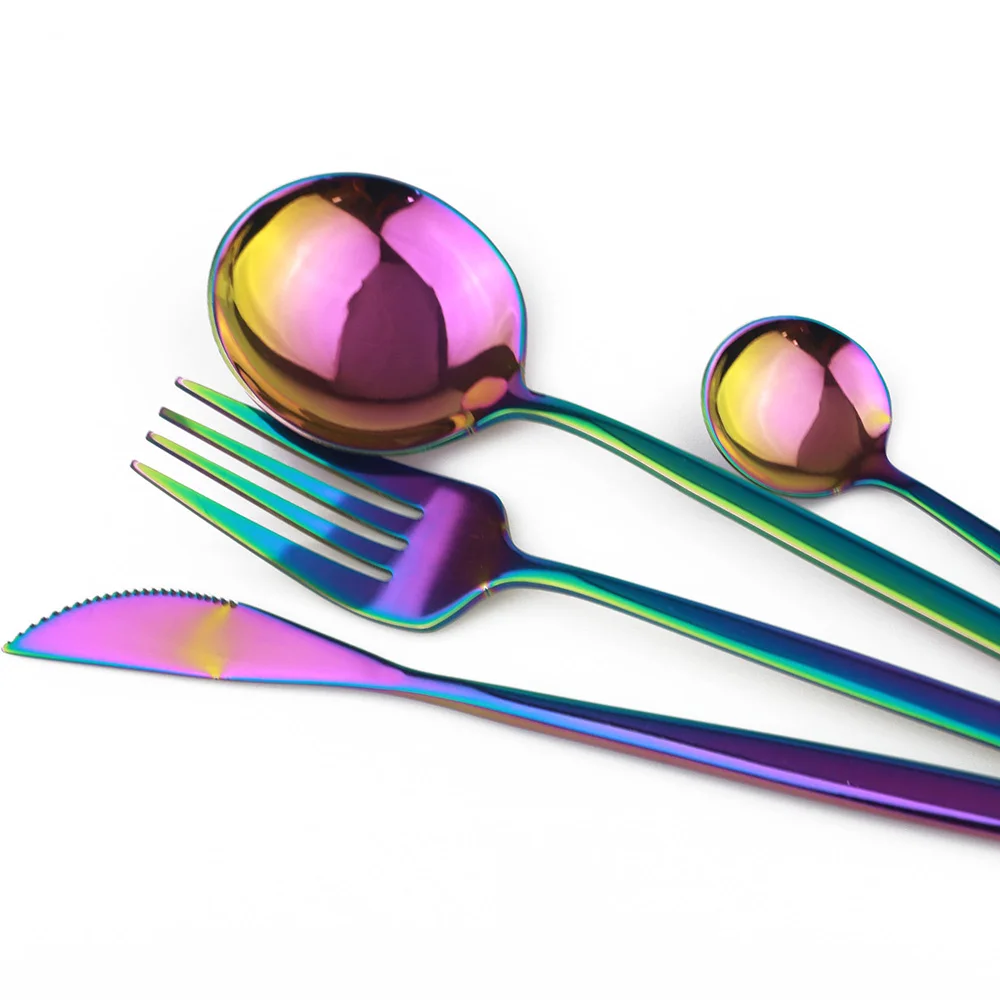 16pcs Colorful Luxury Rainbow Dinnerware Set Knife Fork Spoon Gold Cutlery 304 Stainless Steel Tableware With Gift Box | Дом и сад