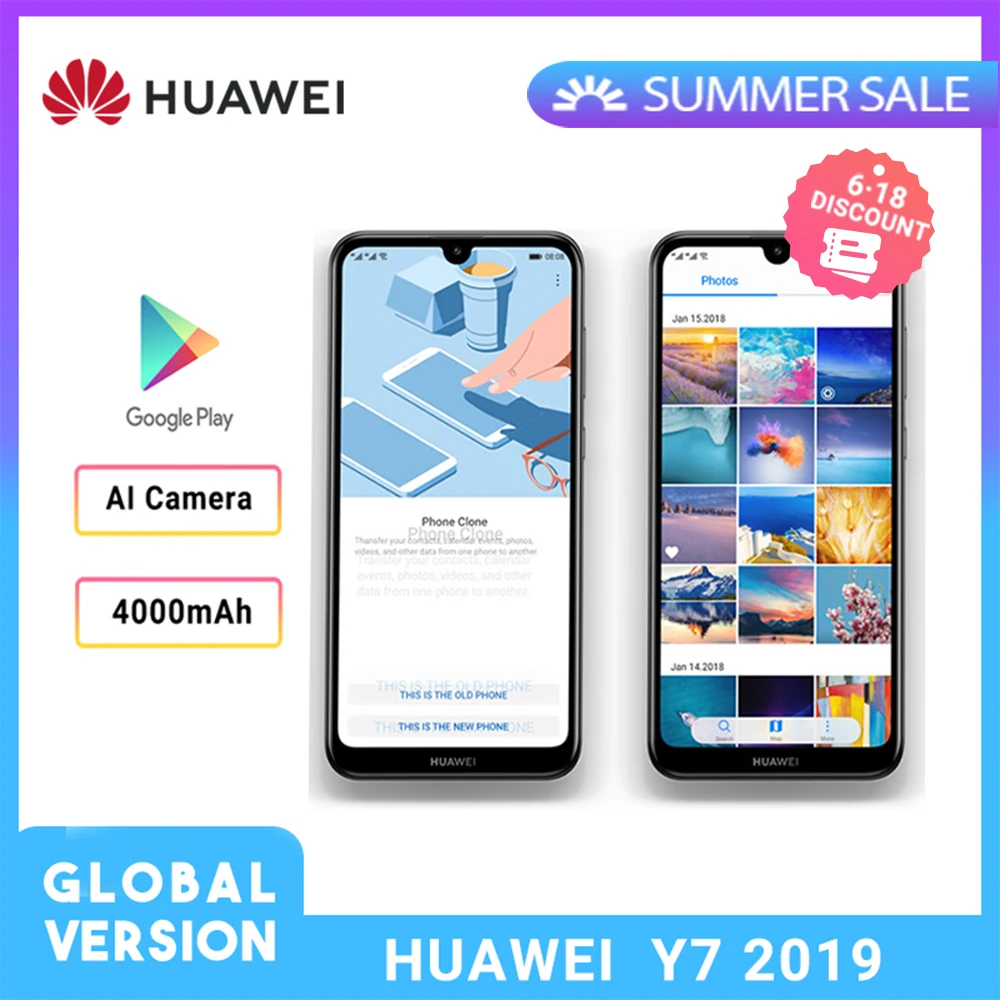 HUAWEI y7 2019 глобальная версия смартфон с двумя sim картами распознавание лица