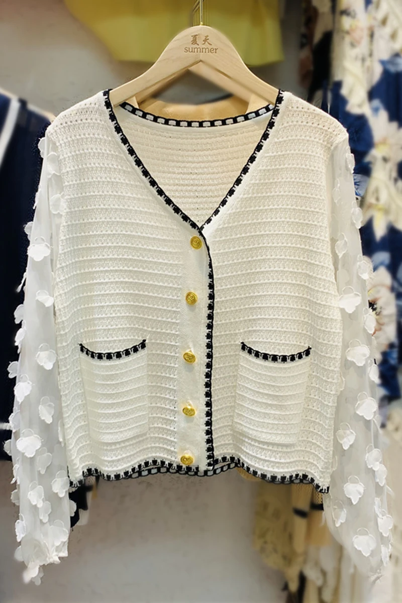 

2021 Spring Fashion All-Match Knitwear Women's Chiffon Stitching V-neck Long-Sleeved Cardigan Top Sweaters