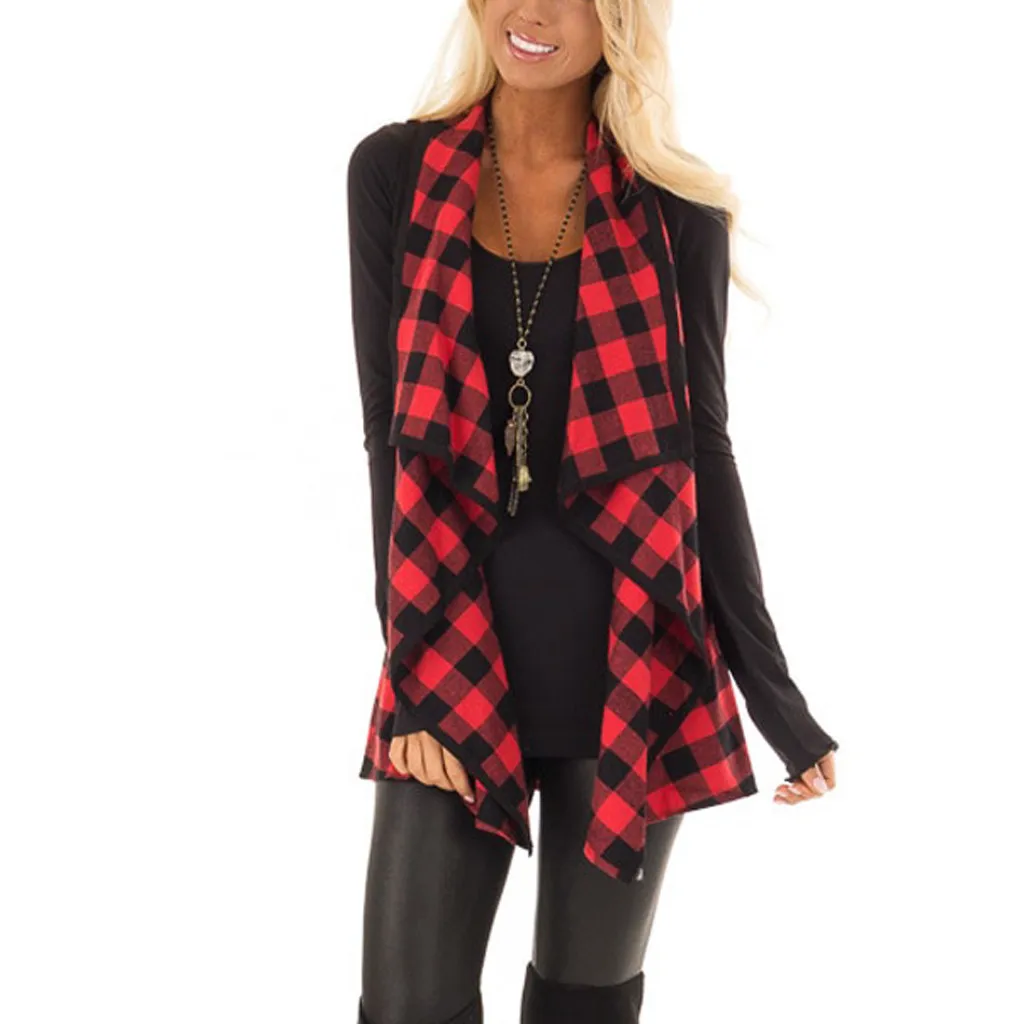 Женский Повседневный клетчатый жилет без рукавов с отворотом кардиган туника