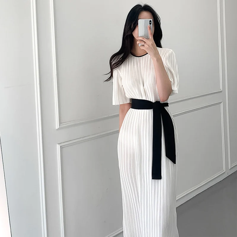 Женское платье с поясом Драпированное в полоску тонкое длинное женское коротким