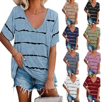 2021 summer new women casual tops loose v neck t shirt striped short sleeve shirts ladies fashion cotton pullover tops