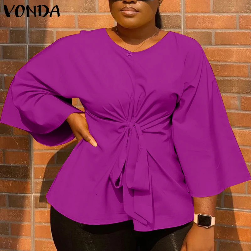 

Office Ladies Belted Shirts Women Tunic Casual Baggy 3/4 Sleeve Tops 2021 VONDA Female Shirts Casual Blusas Femininas Oversized