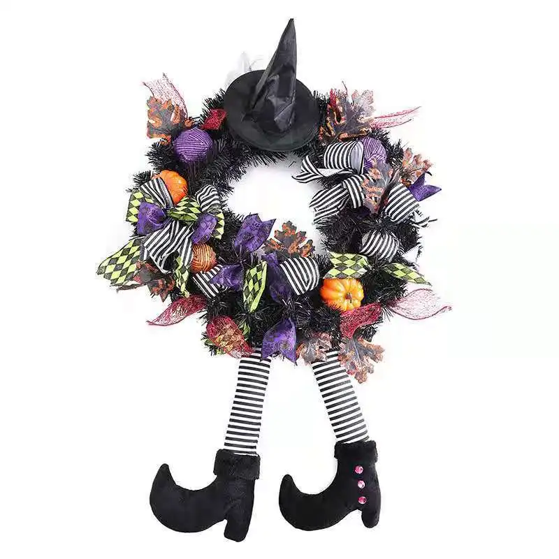 

Halloween Witch Legs Wreath Front Door Hanging Garland Ornament Pumpkin Witch Hat Wreath Party Diy Festive Halloween Decor