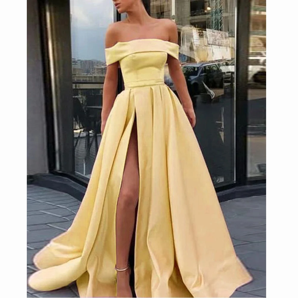 

A-Line Off-The-Shoulder Prom Dresses Sleeveless Front-Slit Sweep Train Dresses Evening Dresses Party Gowns