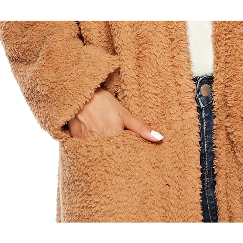 

Hot Sales Women's Winter Coat 2020 New Design Plush Brown Long Coat Women Pockets manteau femme, Big Sizes S-XL