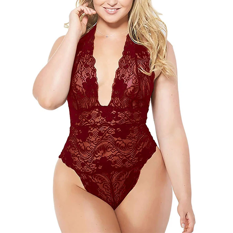 

Top Fashion Sexy Plus Size Halter Jumpsuit Lace Women'S European And American Sexy Lingerie Black Rose Red Purple White Wine Red