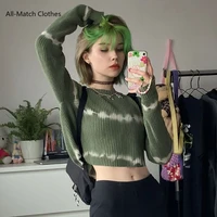 tie dye green crop top y2k aesthetic knitted t shirt long sleeve loose grunge pullovers kawaii harajuku tee women chic e girl