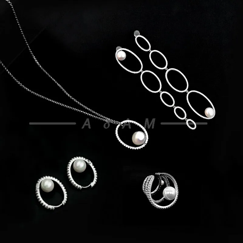 

S925 Sterling Silver Multi-ring Pearl Earrings Female Mid-length Multi-ring Earrings Fashion Round Pearl Necklace High-end Jewel