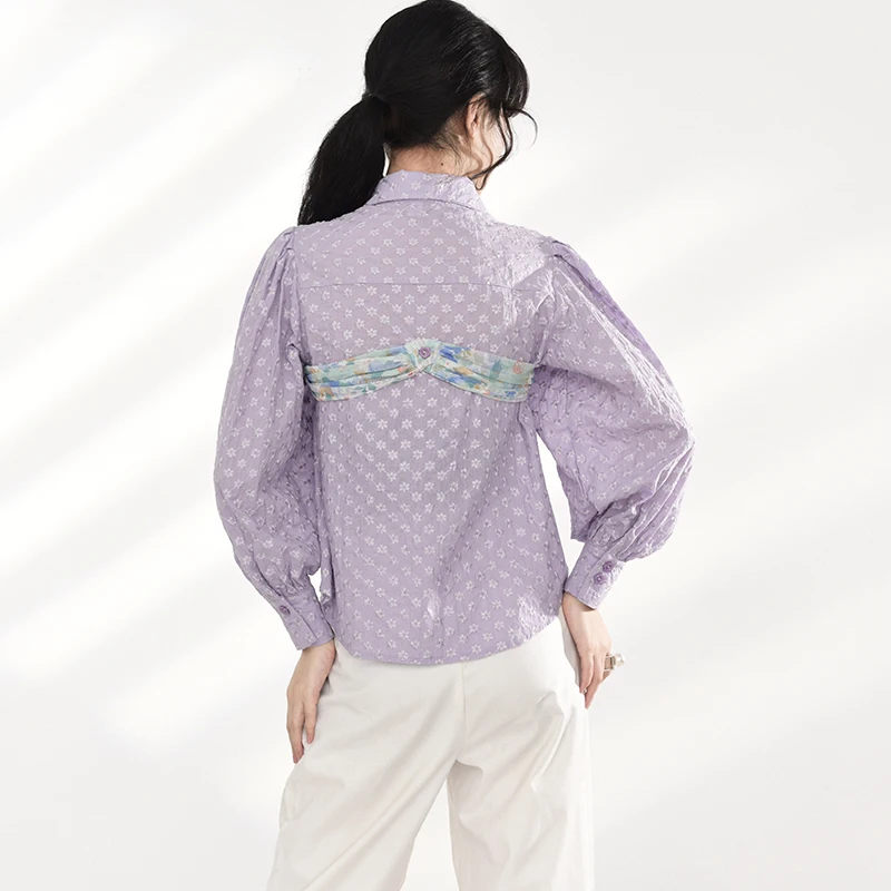 

LANMREM Women's Bandage Patchwork Shirts Arc-shaped Hem Loose Lartem Long Sleeve Blouse Turn Down Collar Tops 2021 Famale 2A2236