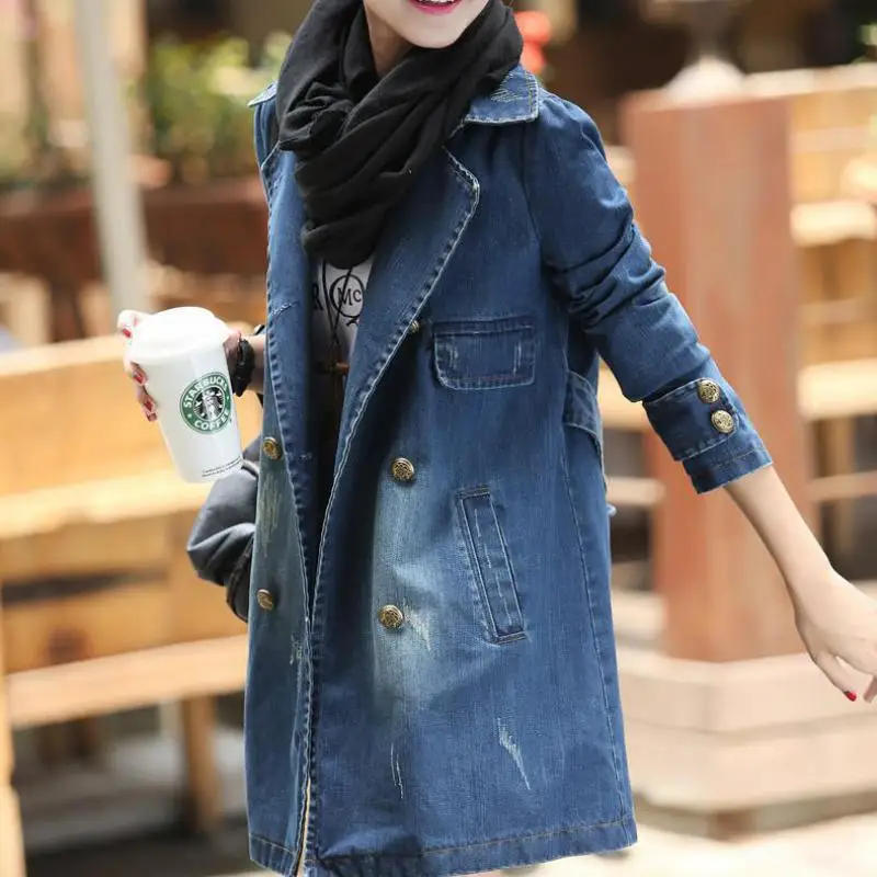 2019 New fashion denim jacket women a-line Double-breasted medium long jeans jackets ladies plus size 3XL casual clothes | Женская