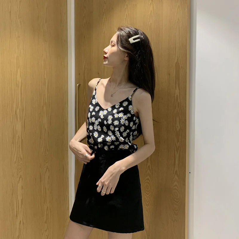 Женский трикотажный топ с принтом ромашек Однотонный женский уличный Топик