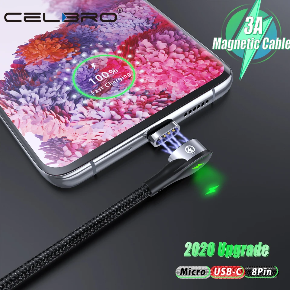 Магнитный кабель 90 градусов Micro USB Type-C зарядный для Samsung S20 A51 A70 3A быстрый передачи