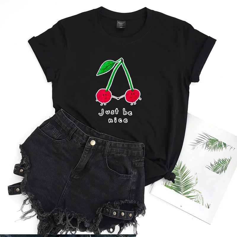 

Just Be Nice Cherry Printed Tops Casual Harajuku Cotton Short Sleeve Women T Shirt Summer Vegan Fruit Casual Tee Shirt